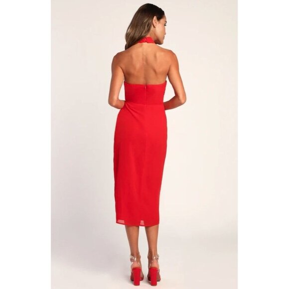 Lulus Red Halter Neck Midi Dress With Front Slit Size XS - Picture 4 of 5